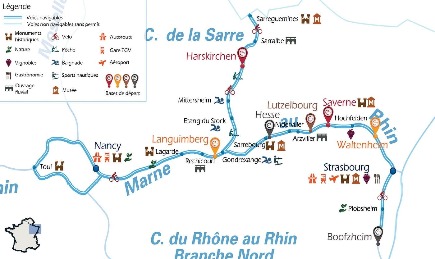 Piano dell'itinerario in houseboat in Alsazia (Francia)