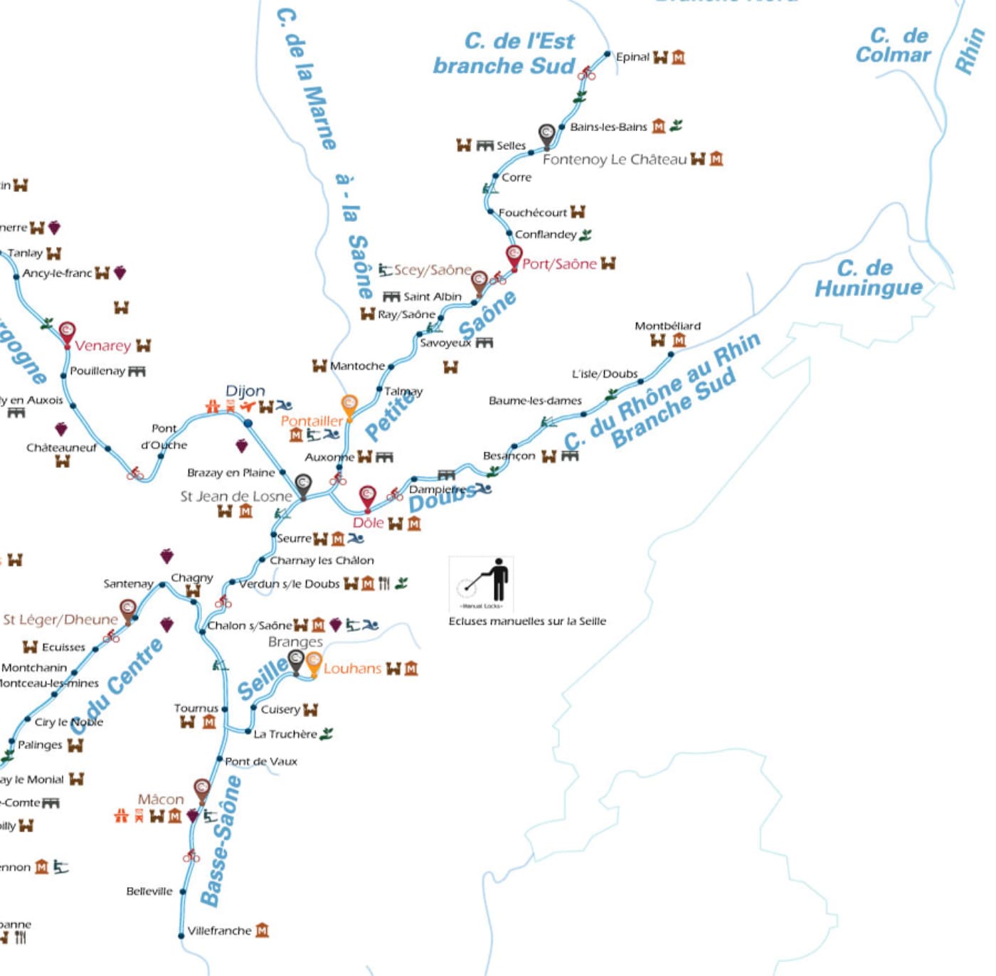 Piano dell'itinerario in houseboat in Borgogna Comté (Francia)