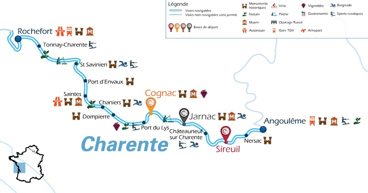 Piano dell'itinerario in houseboat in Charente (Francia)