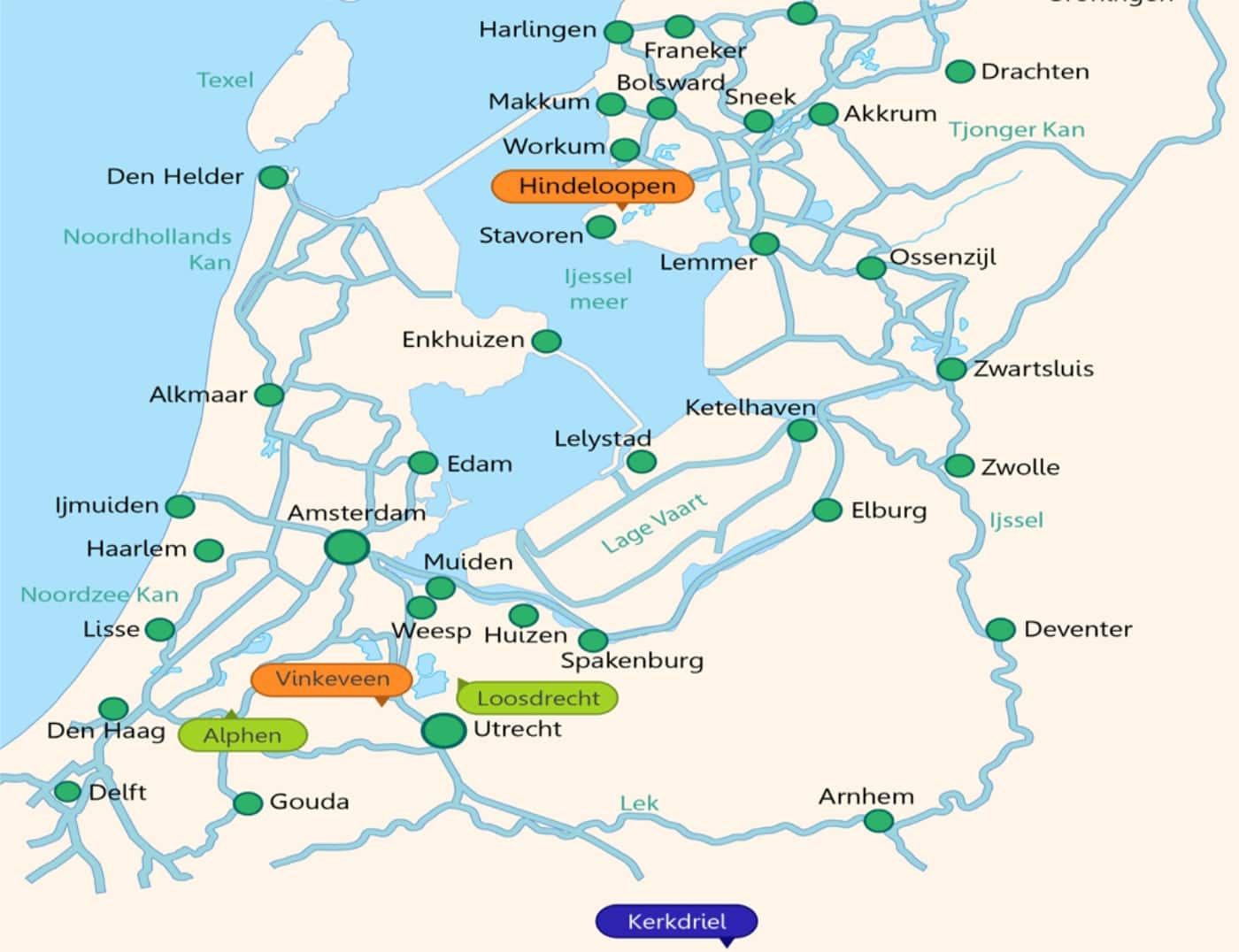 Piano dell'itinerario in houseboat in Paesi Bassi